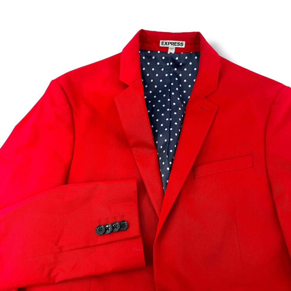 Express Photographer Fitted Red Blazer Sport Coat Mens 38R Polka Dot Lining